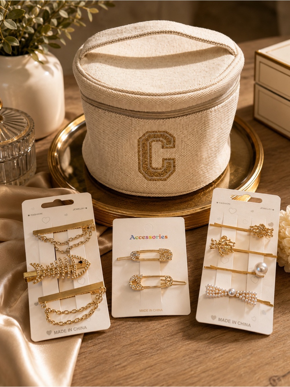 Hair Barrettes and Clarins Makeup Bag Set